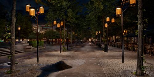 Ljusmålad bild av koniska kundanpassade stolpar från Moramast i Kungsträdgården, Stockholm. Foto: Kola Productions.