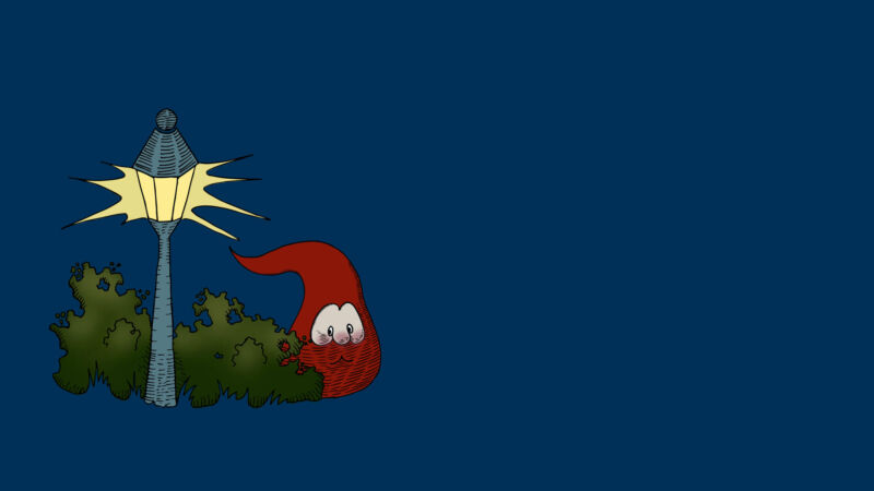 Illustration av lyktstolpe och tomte. Av Lisa Kriga.