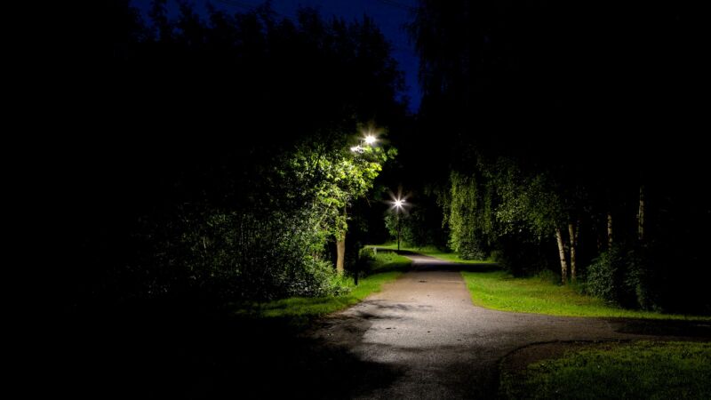Park med mörkt runt och belysning längs vägen. Foto: Johan Larsson.