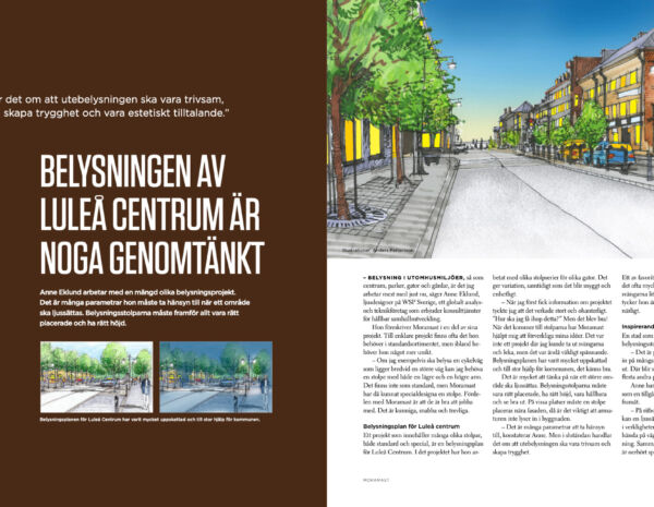 Uppslaget med artikeln om Anne Eklund och hennes samarbete med Moramast i vår första bok: En bok om belysningsstolpar. Bland annat om hennes projekt i Luleå Centrum.
