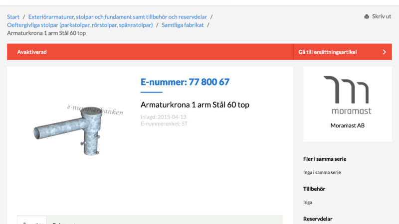 Skärmdump från E-nummersök på en utgående krona från Moramast