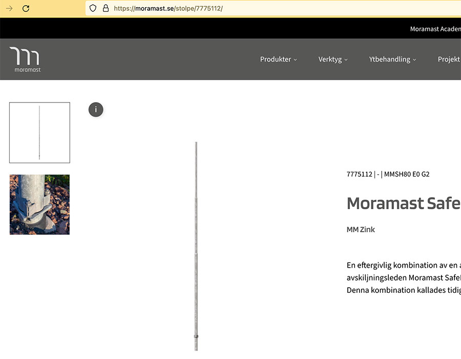 Produktsida inne på Moramasts hemsida