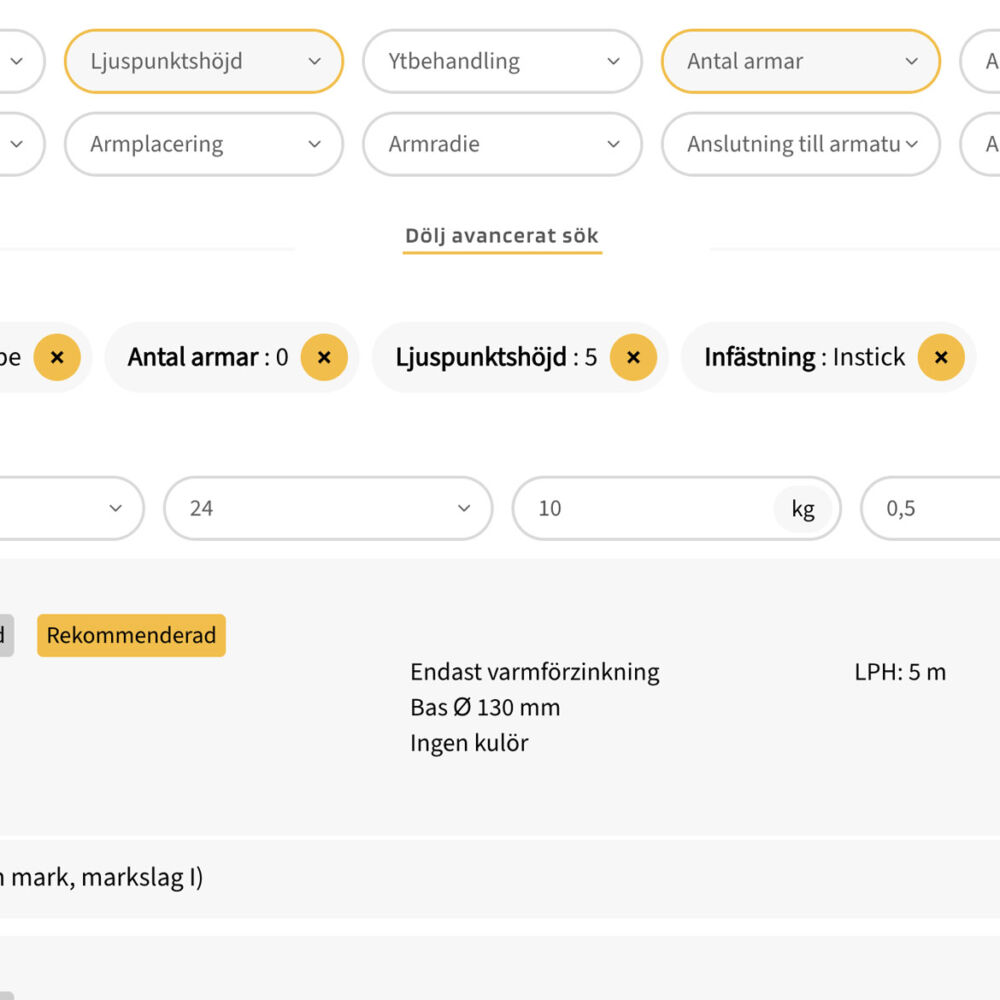 Nya funktionen Välj rätt standardstolpe i den nya produktfiltreringen