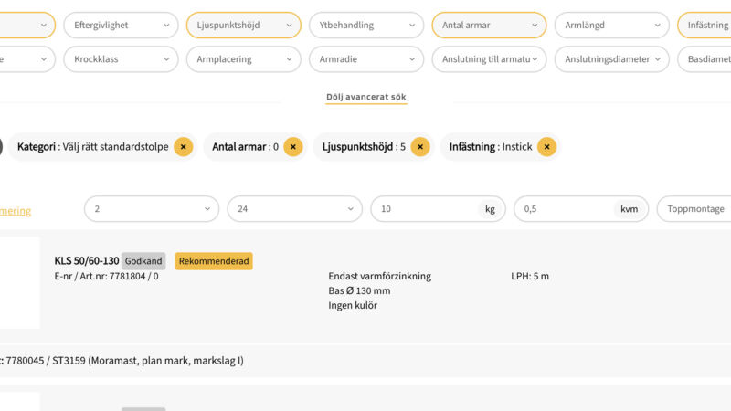 Nya funktionen Välj rätt standardstolpe i den nya produktfiltreringen