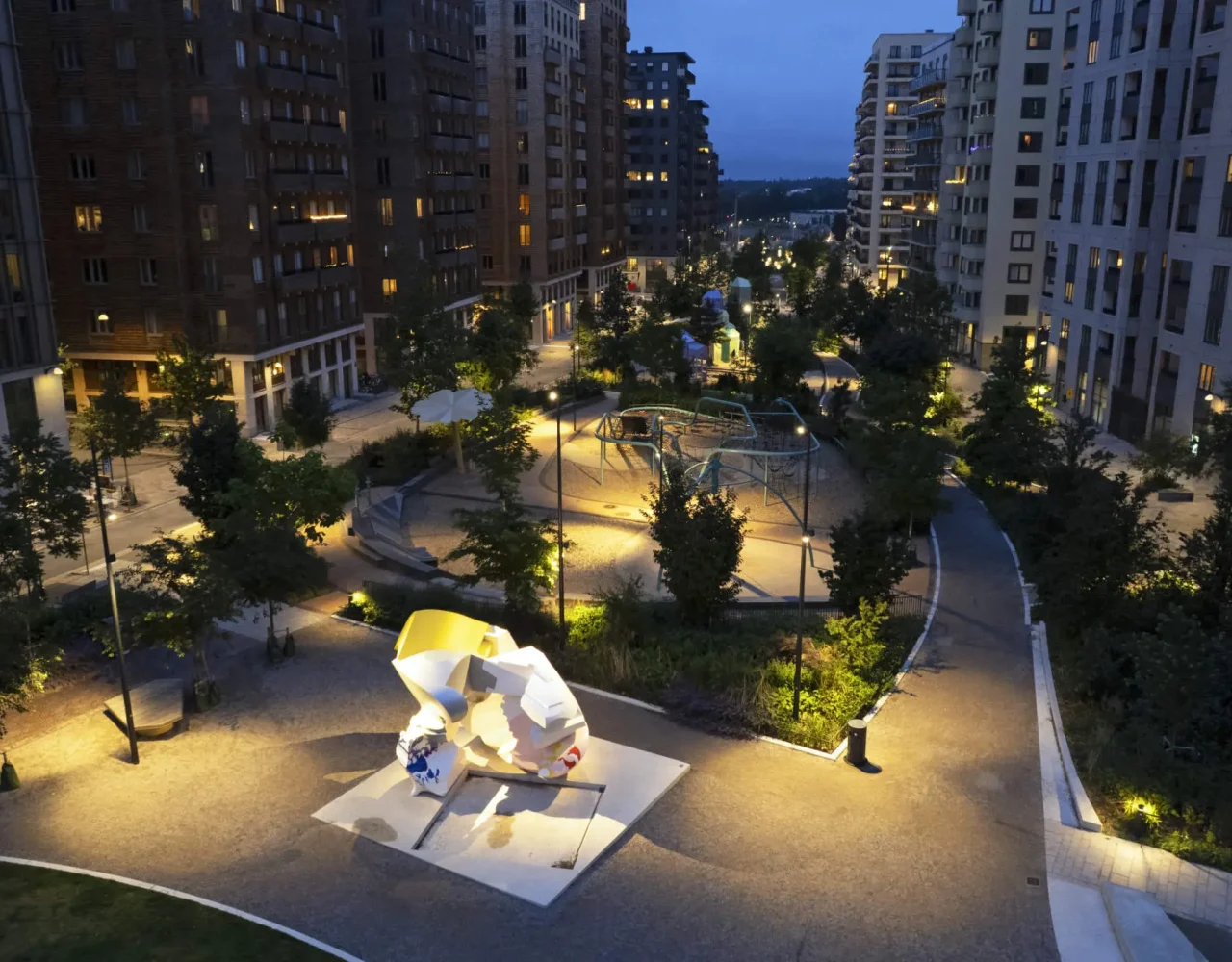 Drönarbild över Norra stationsparken i Hagastaden. Foto: Göran Assner.>